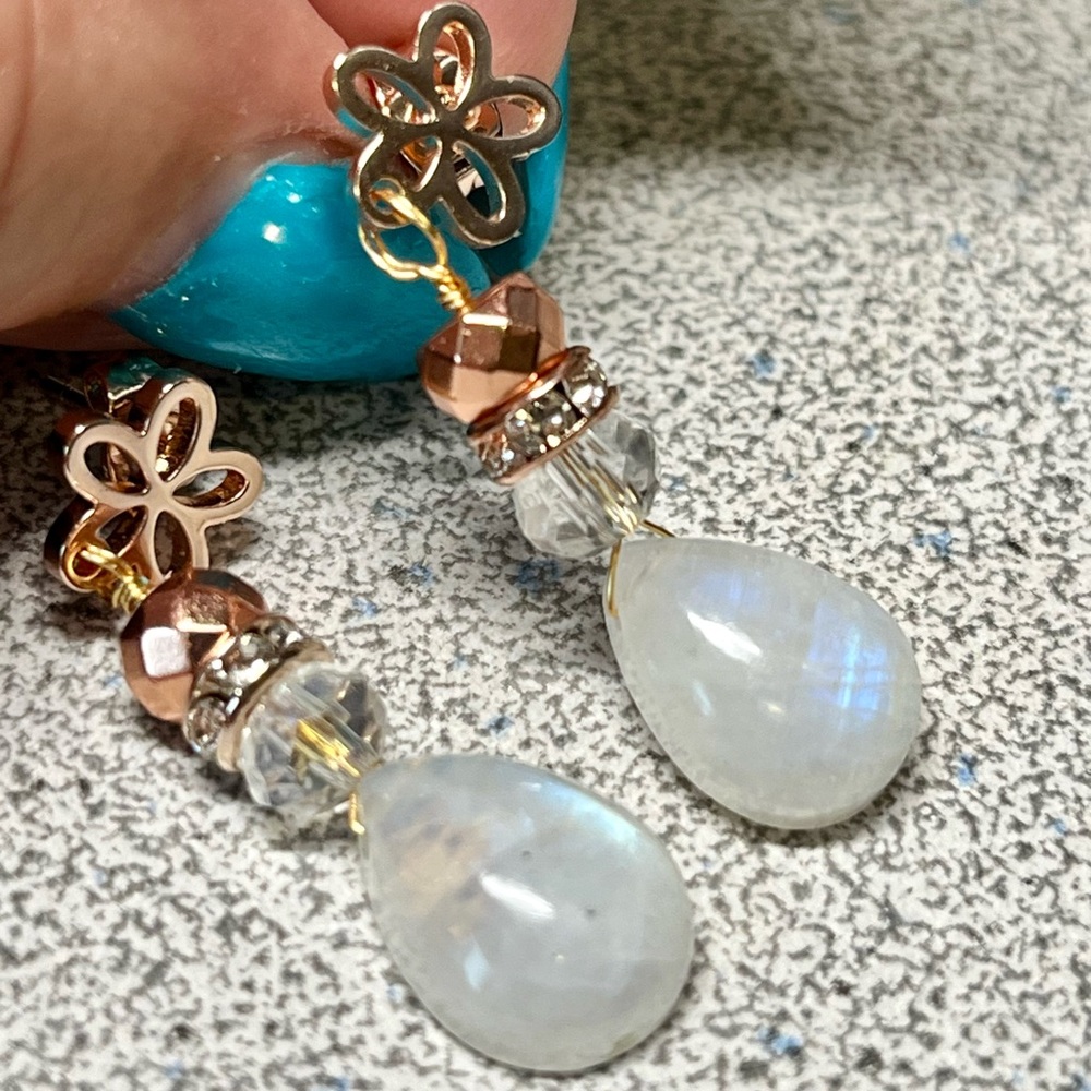 Genuine natural moonstone rose gold earrings